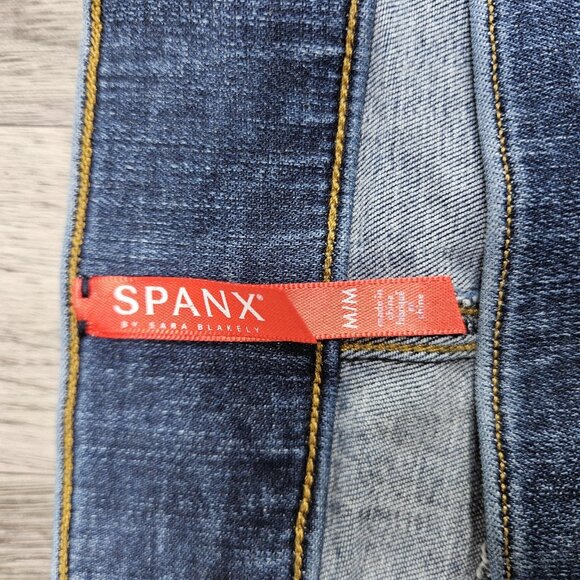Spanx Jeans Womens Medium Blue Skinny Jeggings Pull On Distressed Raw Hem - Picture 4 of 12